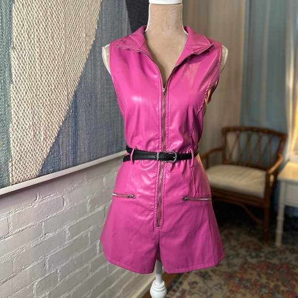 NWT Fashion Nova Pink Pleather Zip Up Romper - Picture 2 of 12